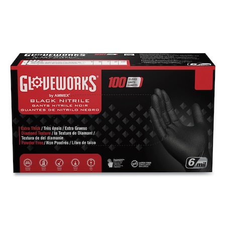 Gloveworks By Ammex Disposable Gloves, 6 mil Palm, Nitrile, Powder-Free, M, 1000 PK, Black GWBN44100